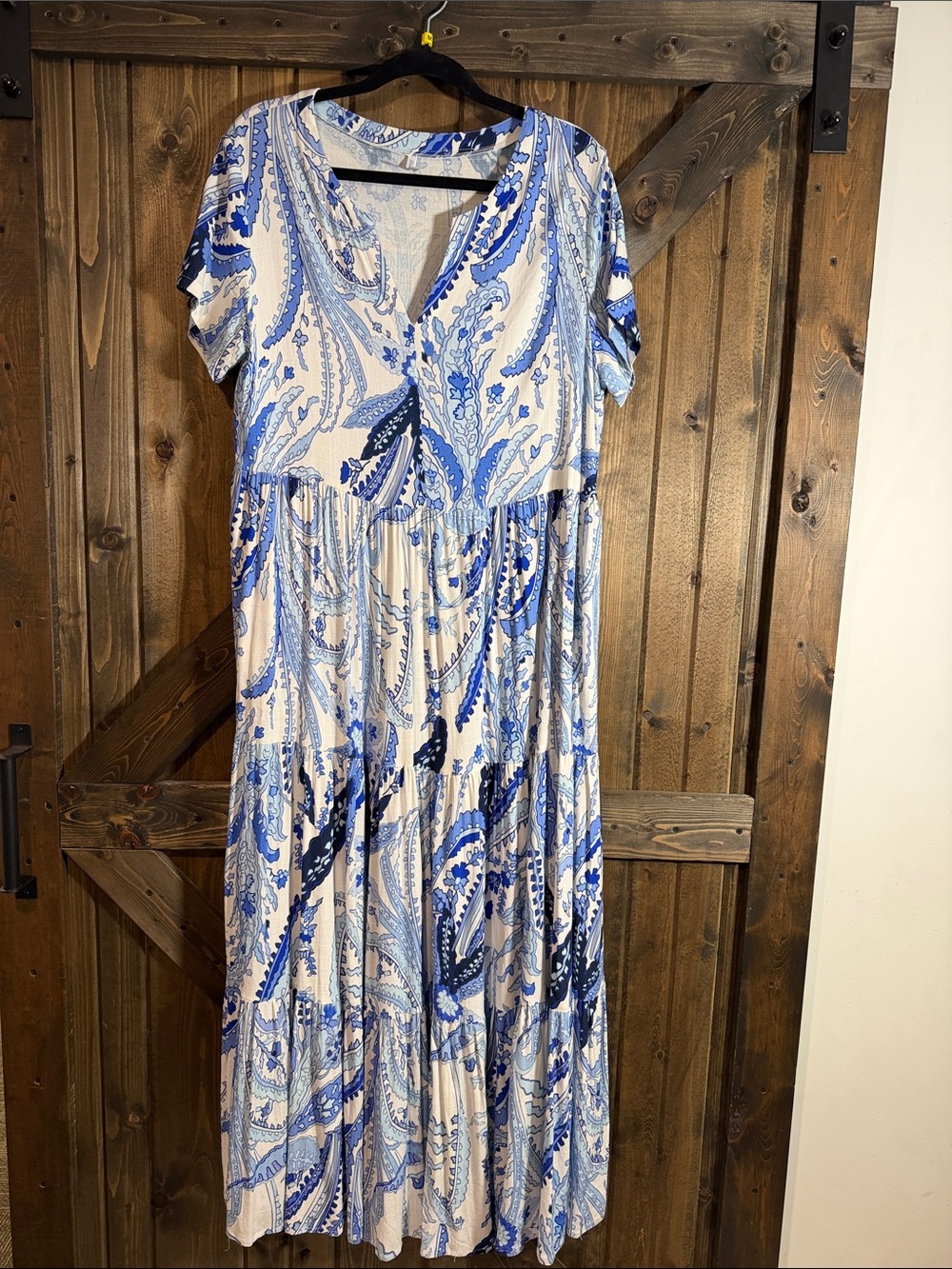 Blue Sky Blue and White Paisley Tiered Maxi Dress Linen Bamboo Blend